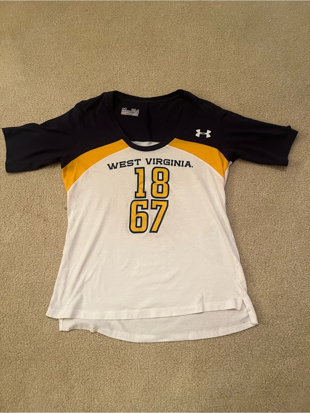 WVU Under Armour women’s size small v- neck 1867 shirt/jersey cotton blend